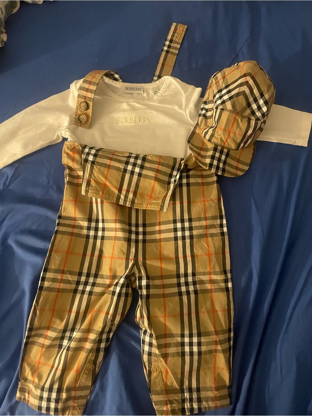Burberry Tan Nova Check Overalls with White Bodysuit and Cap